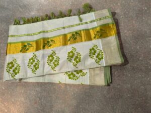 Kerala Tissue Kasavu Saree with design and kujalam